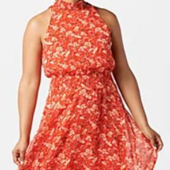 Sam Edelman Orange Coral Floral Sleeveless Smocked Handkerchief Hem dress Sz L - Picture 3 of 15